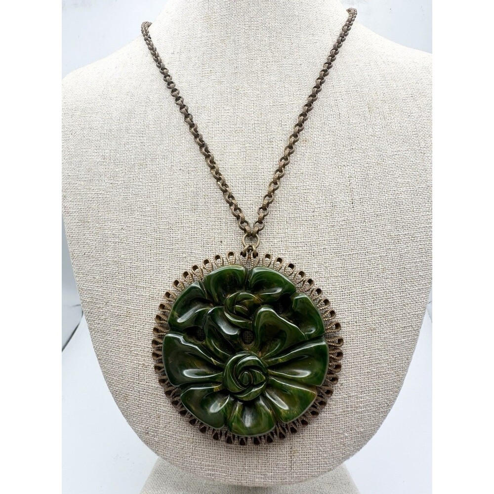 Antique Carved Green Bakelite Flower Pendant Necklace 18”